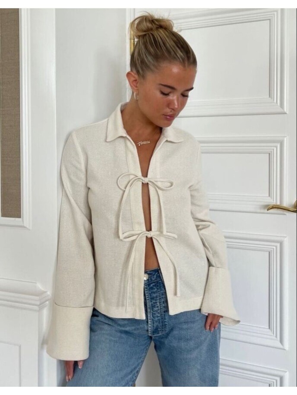 Djerf Avenue Occassion Top Cream Textured Cotton Blend Tie Front Top Size XXS